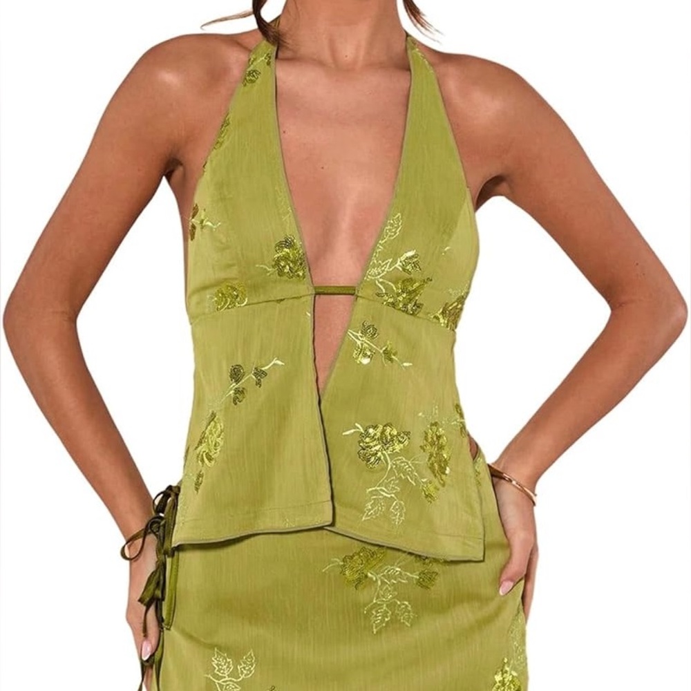 Floral Print Halter Backless Top with Sequin Detail | Chartreuse Green | S | NWT